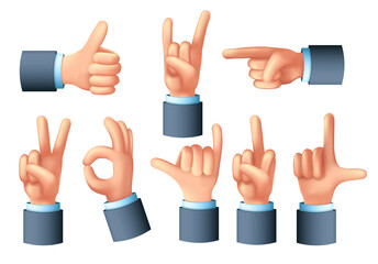 Set of hand signs. 3d vector illustration. Hand gestures isolated on white background