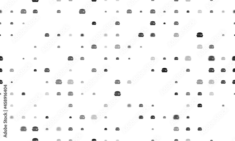 Poster seamless background pattern of evenly spaced black hamburger symbols of different sizes and opacity.