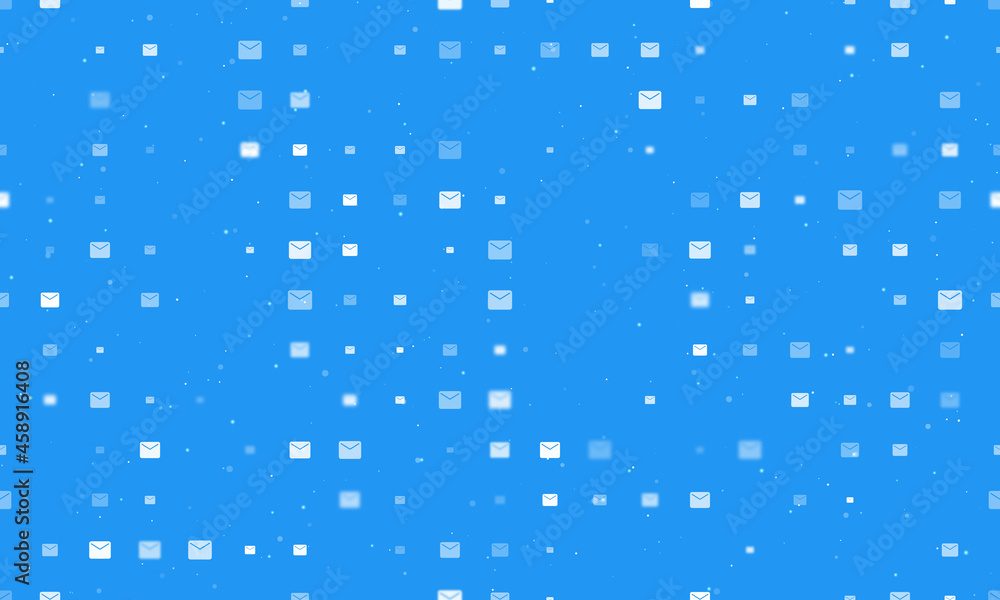 Poster seamless background pattern of evenly spaced white email symbols of different sizes and opacity. vec