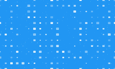 Seamless background pattern of evenly spaced white email symbols of different sizes and opacity. Vector illustration on blue background with stars