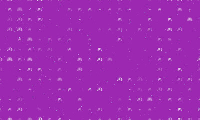Seamless background pattern of evenly spaced white lesbian symbols of different sizes and opacity. Vector illustration on purple background with stars