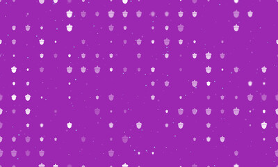 Seamless background pattern of evenly spaced white acorn symbols of different sizes and opacity. Vector illustration on purple background with stars