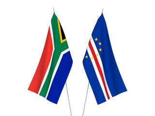 National fabric flags of Republic of South Africa and Republic of Cabo Verde isolated on white background. 3d rendering illustration.