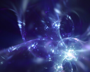 Abstract fractal art background. Dynamic splashing effect in blue and purple tones, suggestive of a water splash.