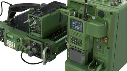 Old Military Radio Station. Radio System receiver-transmitter and walkie-talkie. The color is...