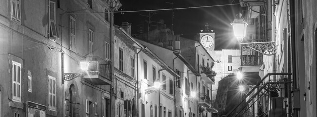 black and white panorama of night italian city with street lights and tower with clock