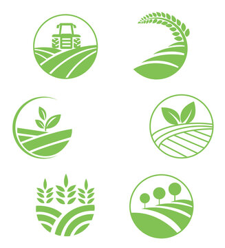 Agriculture Land Tenure Logo, Icons, Badges On White Background. Farm Food. Natural Products Tractor On The Field, Landscape, Farm. Wheat Ear Icon. Eco Products.