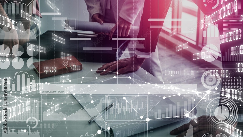 Poster conceptual business dashboard for financial data analysis . 3d render computer graphic .