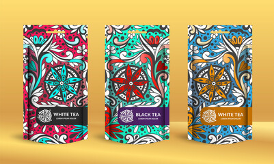 Colorful tea packaging design with zip pouch bag mockup. Vector ornament template. Elegant, classic elements. Great for food, drink and other package types. Can be used for background and wallpaper.