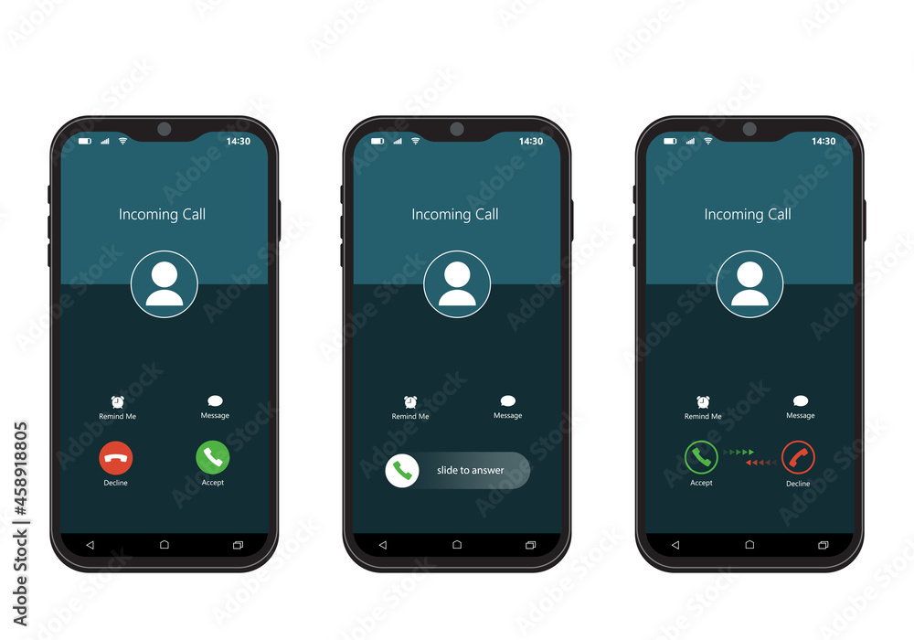 Poster smartphone mockup with incoming call. mobile phone display in flat style.