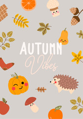 Autumn Vibes cute fall postcard. Greeting autumn mood card.