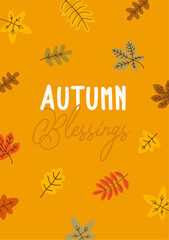 Autumn fall leaves Blessings greeting Postcard. Fall leaf background. 