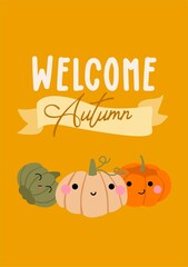 Welcome Autumn Fall Greeting postcard with cute pumpkins.