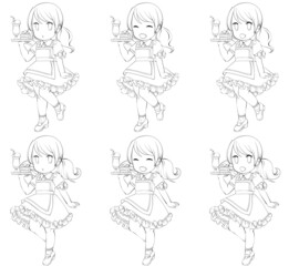 ケーキとドリンクを運ぶ様々な表情のウェイトレス（線画）