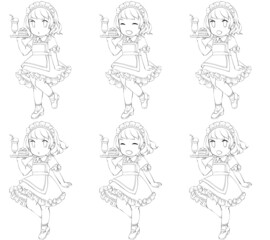 ケーキとドリンクを運ぶ様々な表情のウェイトレス（線画）