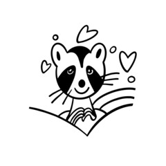 Cute raccoon hand drawn contour vector illustration for design. Adorable character with hearts for posters. T-shirt design concept for lettering and printing.