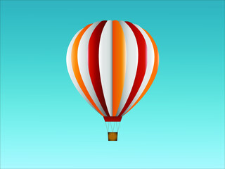 Fototapeta premium Illustration eines gestreiften Heißluftballons in den Farben Gelb, Weiß und Rot. Hintergrund blau.