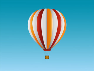 Illustration eines gestreiften Heißluftballons in den Farben Gelb, Weiß und Rot. Hintergrund blau.