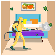 Vector illustration of a coronary injection (Covid-19) personnel sterilizing spray inside the hotel.