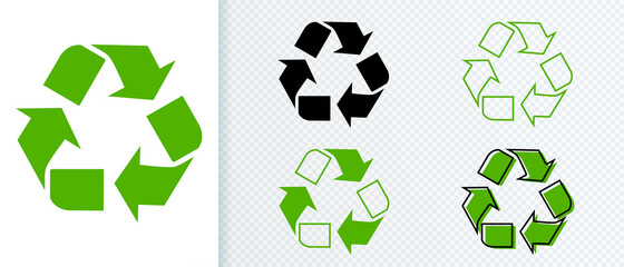 Set of Recycle icon, sign, symbol. Recycling concept design isolated on white and transparent background. Vector illustration.