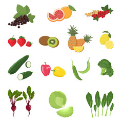 Set of Vitamin C sources. Dietetic and vegetarian food for agriculture, cooking, healthy food. Dietetic, vegetarian and Healthy food composition. Trendy illustration, isolated on white.