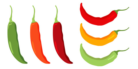 Set of Hot Chilli peppers,  vitamin C source. Red, Green and Orange Peppers. Hot Chilli Peppers for agriculture, cooking, healthy food. Dietetic, vegetarian and Healthy food composition.