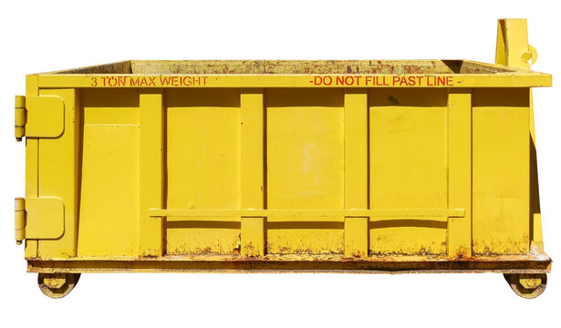Yellow industrial dumpster in residential alley with shed, fence and trees.