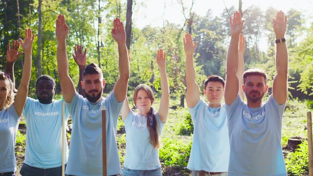Enthusiastic volunteering organization concerned about natural environment pollution. The cheerful volunteers, friends putting their hands up to the sky. Wellness, nature protection concept