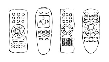 Hand remote control. Multimedia panel with shift buttons. Four types device. Wireless console. Sketch of universal electronic controller. Hand drawn illustration on white background in engraving style