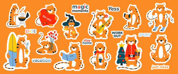 Sticker set with cartoon tigers. New Year 2022. Isolated flat illustrations of smiling characters. Cute clip art for planner diary scrapbook organizer. Stickers. Seasons sport love hobbies holidays.