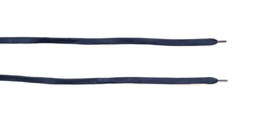 Two new parallel shoelaces isolated on white, dark black or dark-blue laces, top view - obrazy, fototapety, plakaty