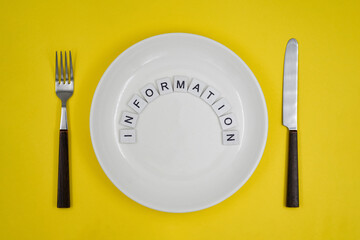 Conceptual photo, table setting with an empty plate, information and news consumption by the public...
