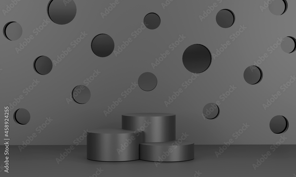Poster monochrome circular podium and perforated backdrop used for displaying products