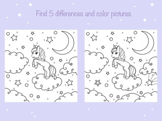 Find the same pictures and color - children educational game. Coloring book page with cute little unicorn. Vector illustration