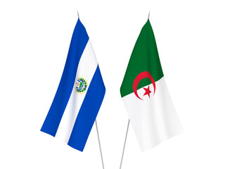 National fabric flags of Algeria and Republic of El Salvador isolated on white background. 3d rendering illustration.
