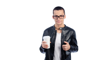 Sexy guy with a laptop. White background.