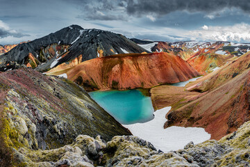 Landscape view of colorful rainbow volcanic Landmannalaugar mountains and famous Laugavegur hiking...