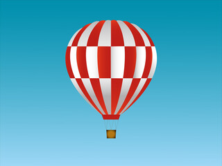 Obraz premium Illustration eines gestreiften Heißluftballons in den Farben Weiß und Rot. Hintergrund blau.