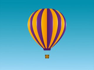 Illustration eines gestreiften Heißluftballons in den Farben Gelb und Lila. Hintergrund blau.