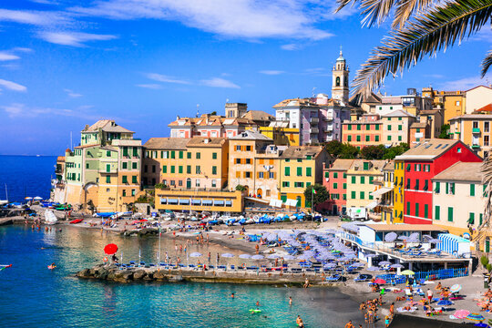 Bogliasco Italy Liguria, Beautiful Colorful Fishermen Village on Scenic Coastline Wide Panorama, Cozy Small town Beach with Parasols  Mediterranean Sea Travel Destination Summer Vibe. wall art print