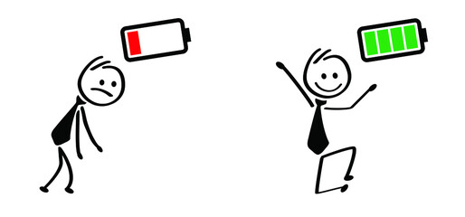 Life energy. Stickman, Businessman with red low battery and stick man, business man with green full level. Charge indicator pictogram or logo. Happy and unhappy, Energetic, tired or exhausted symbol.