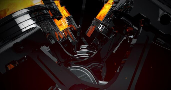 V8 Engine Pistons Moving Up And Down. Crankshaft With Explosions. Perfect Loop. Machines And Industry Related 4K 3D Animation.