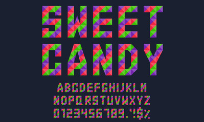 Geometric alphabet letters, numbers, and signs with bright striped candy color concept. Suitable to promote your product, t-shirt design text, or other business purposes, etc. Vector illustration.