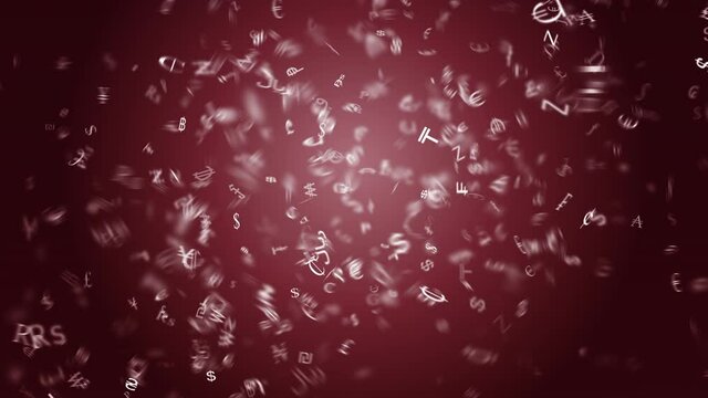abstract text with flying different currency symbols on a red background