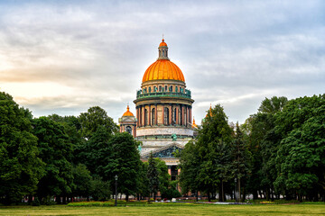 Cityscape of St. Petersburg, view of the city park in the background is visible the dome of St. Isaac's Cathedral.