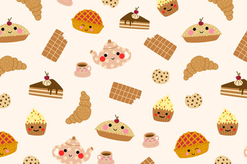 Sweets chocolate candies cakes chocolate fall seamless pattern. Cute kawaii pattern background. 