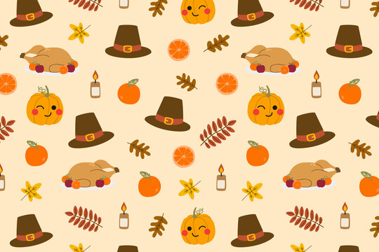 Thanksgiving autumn fall seamless pattern. Cute kawaii pattern background. 