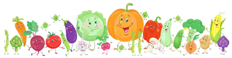 Big set of funny colorful vegetables. Banner in cartoon style. Isolated on white background. Vector flat illustration.
