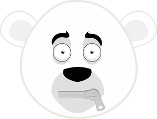 Vector emoticon illustration of the face of a cartoon polar bear with a zipper in its mouth
