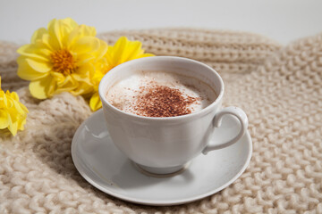 Autumn background, cup of hot drink and knitted plaid